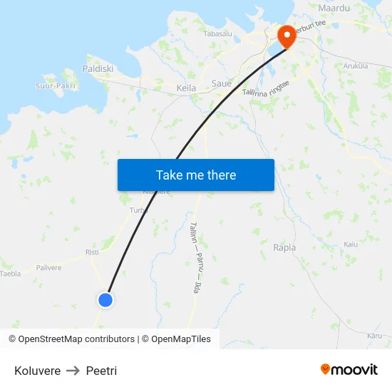 Koluvere to Peetri map