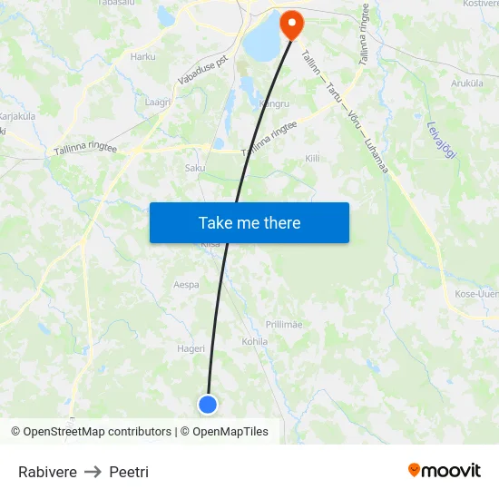 Rabivere to Peetri map