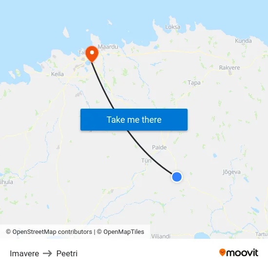 Imavere to Peetri map