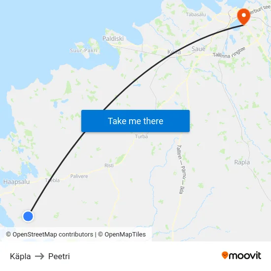 Käpla to Peetri map