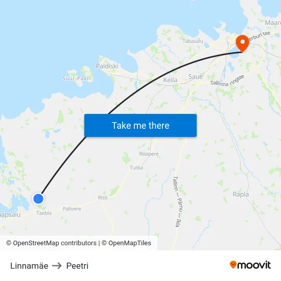 Linnamäe to Peetri map