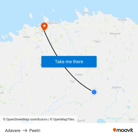 Adavere to Peetri map