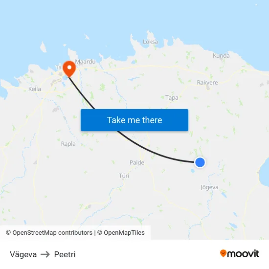 Vägeva to Peetri map