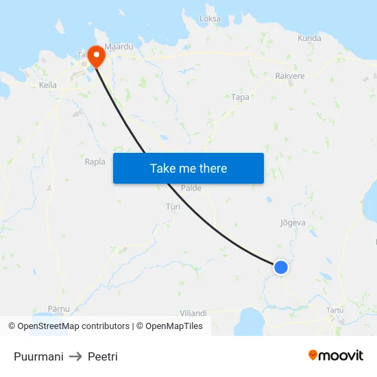 Puurmani to Peetri map