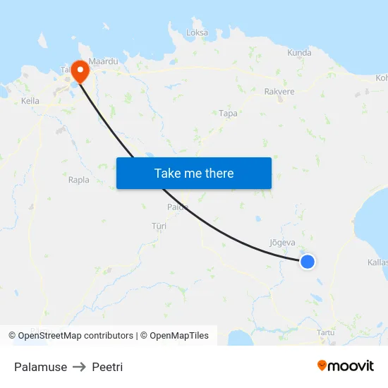 Palamuse to Peetri map