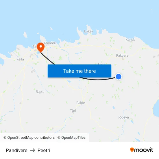 Pandivere to Peetri map