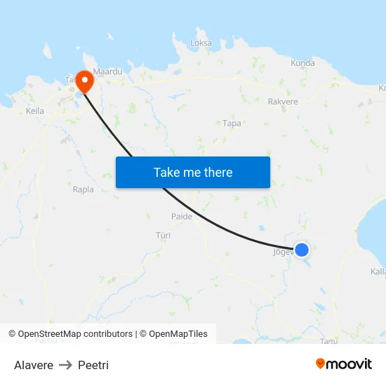 Alavere to Peetri map
