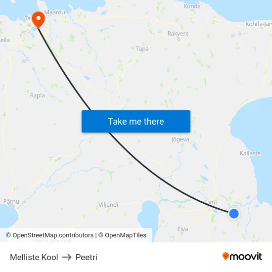 Melliste Kool to Peetri map