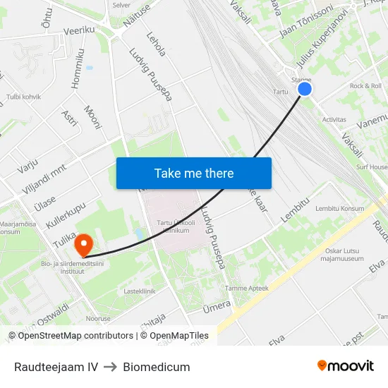 Raudteejaam IV to Biomedicum map
