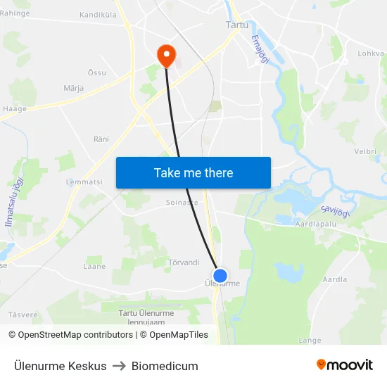 Ülenurme Keskus to Biomedicum map