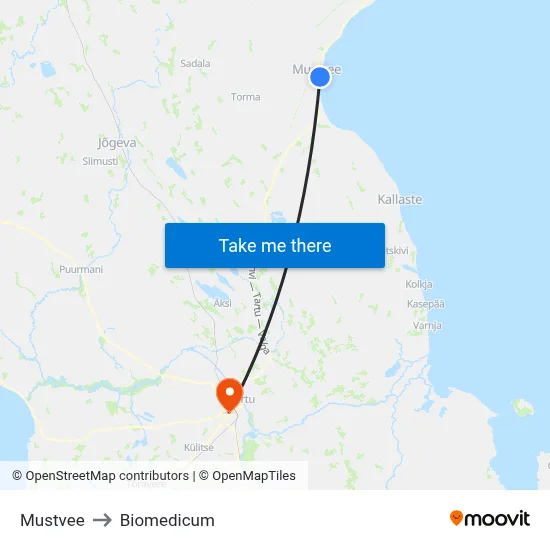 Mustvee to Biomedicum map