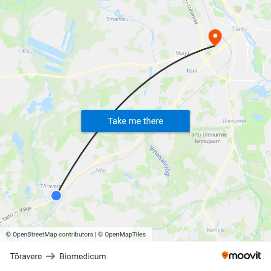 Tõravere to Biomedicum map