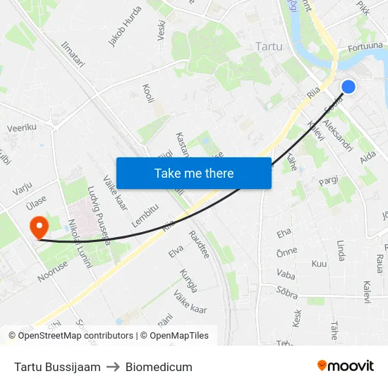 Tartu Bussijaam to Biomedicum map