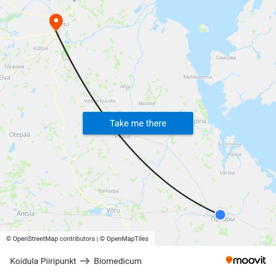 Koidula Piiripunkt to Biomedicum map