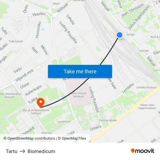 Tartu to Biomedicum map