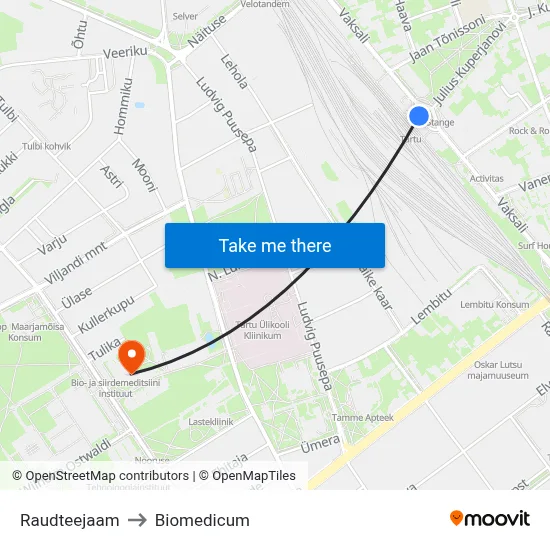 Raudteejaam to Biomedicum map