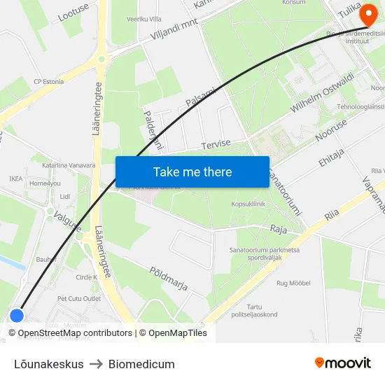 Lõunakeskus to Biomedicum map