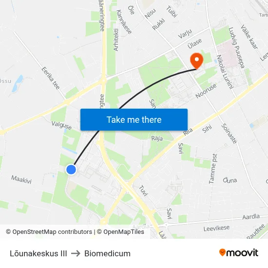 Lõunakeskus III to Biomedicum map