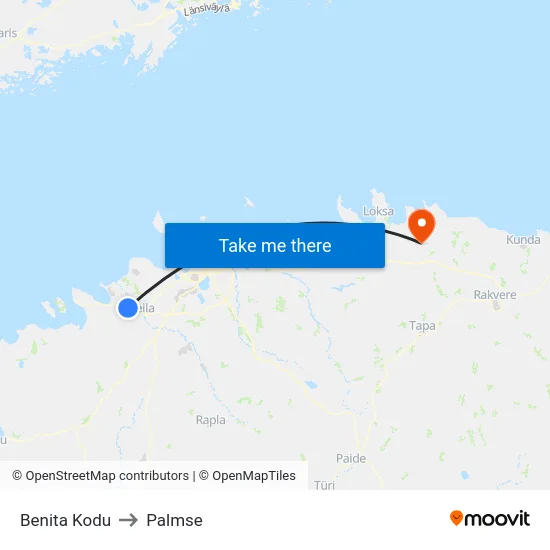 Benita Kodu to Palmse map