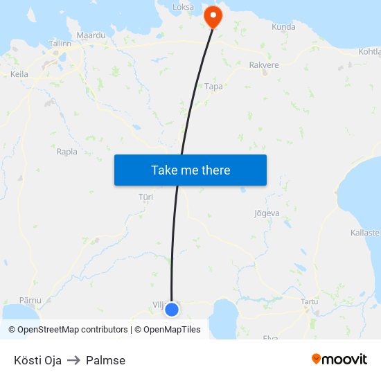 Kösti Oja to Palmse map