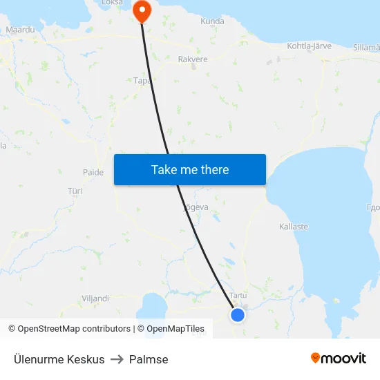 Ülenurme Keskus to Palmse map