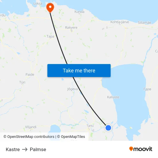 Kastre to Palmse map