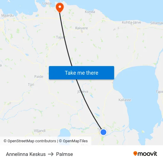 Annelinna Keskus to Palmse map