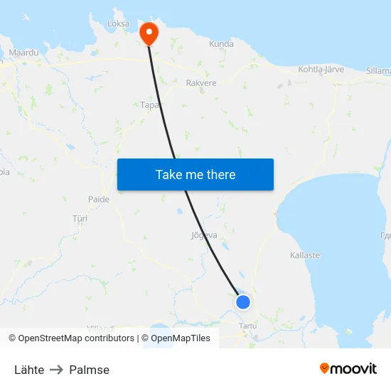 Lähte to Palmse map
