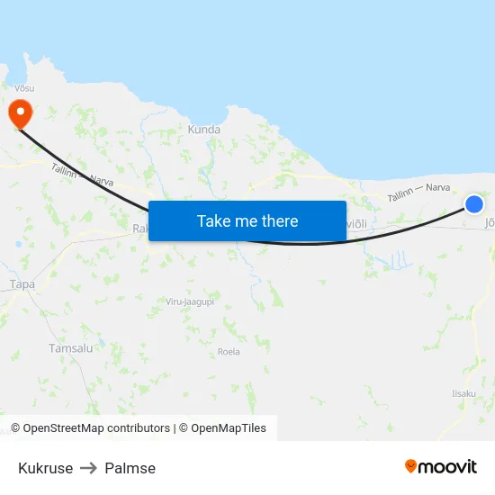 Kukruse to Palmse map