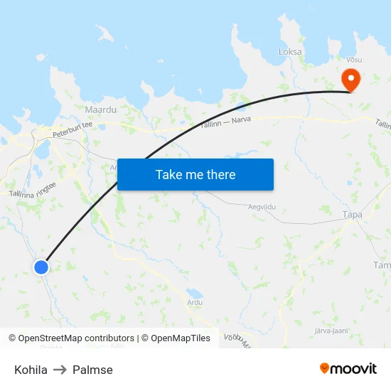 Kohila to Palmse map