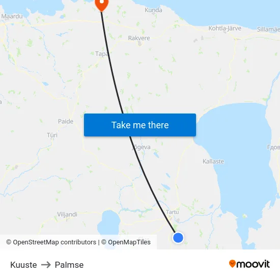 Kuuste to Palmse map