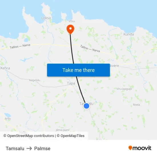 Tamsalu to Palmse map