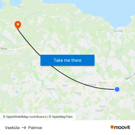 Vaeküla to Palmse map
