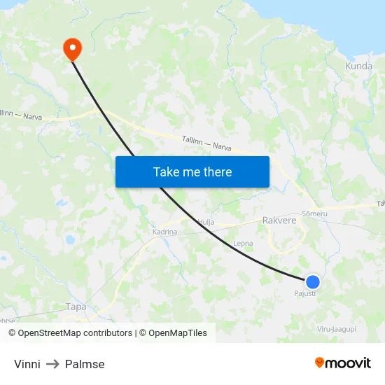 Vinni to Palmse map