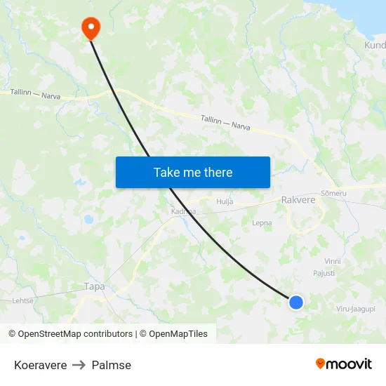 Koeravere to Palmse map