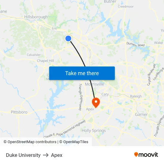 Duke University to Apex map