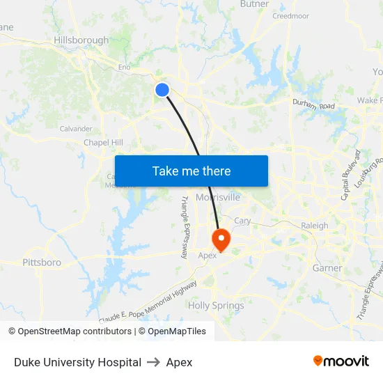 Duke University Hospital to Apex map