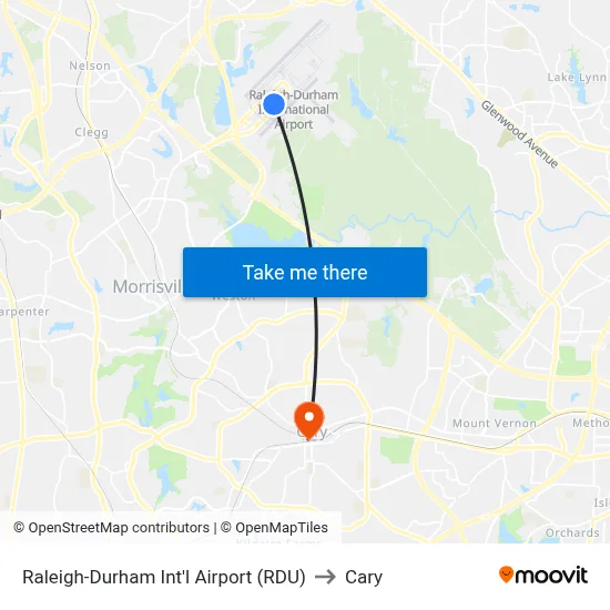 Raleigh-Durham Int'l Airport (RDU) to Cary map