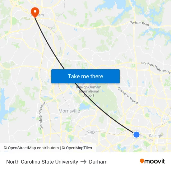 North Carolina State University to Durham map