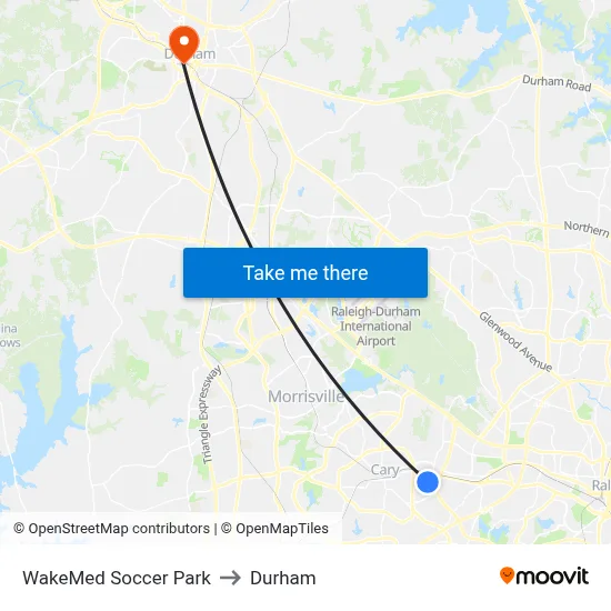 WakeMed Soccer Park to Durham map