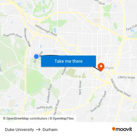 Duke University to Durham map