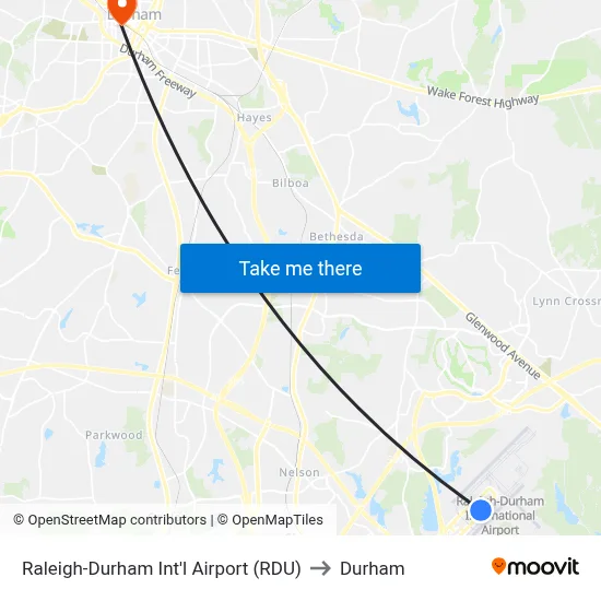 Raleigh-Durham Int'l Airport (RDU) to Durham map