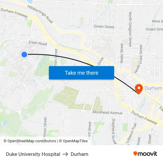 Duke University Hospital to Durham map