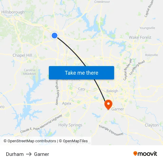 Durham to Garner map