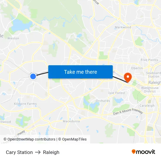 Cary Station to Raleigh map