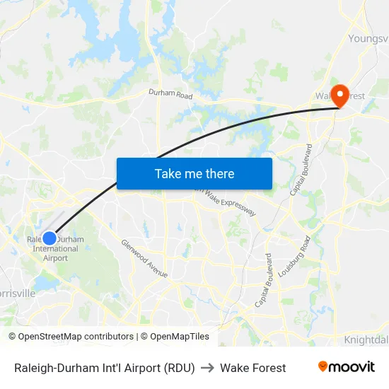 Raleigh-Durham Int'l Airport (RDU) to Wake Forest map