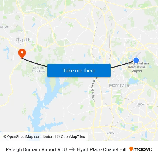 Raleigh Durham Airport RDU to Hyatt Place Chapel Hill map