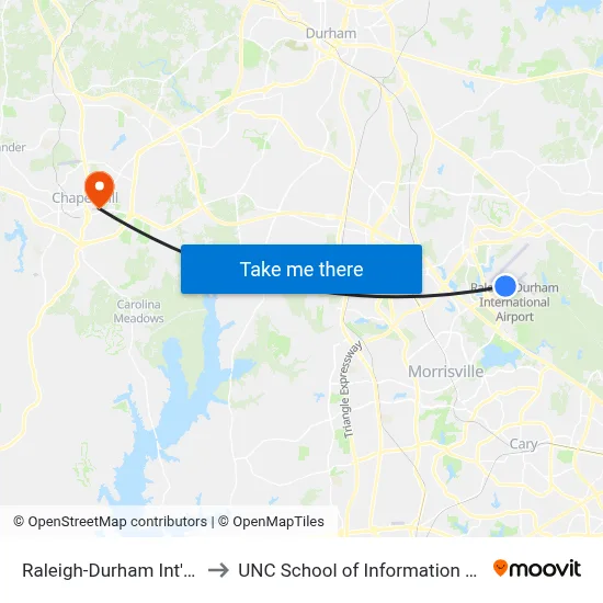 Raleigh-Durham Int'l Airport (RDU) to UNC School of Information and Library Science map