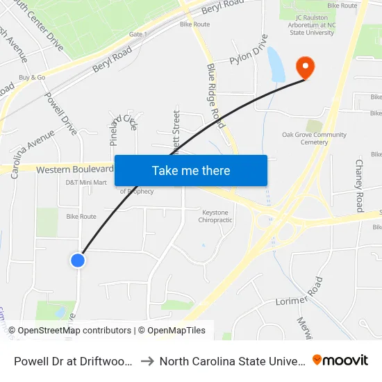 Powell Dr at Driftwood Dr to North Carolina State University map