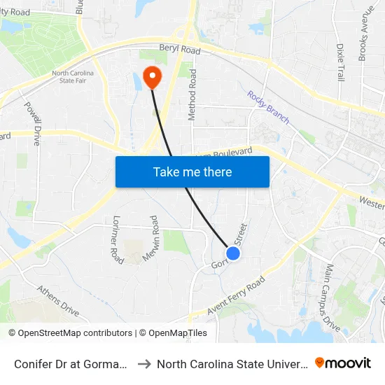Conifer Dr at Gorman St to North Carolina State University map